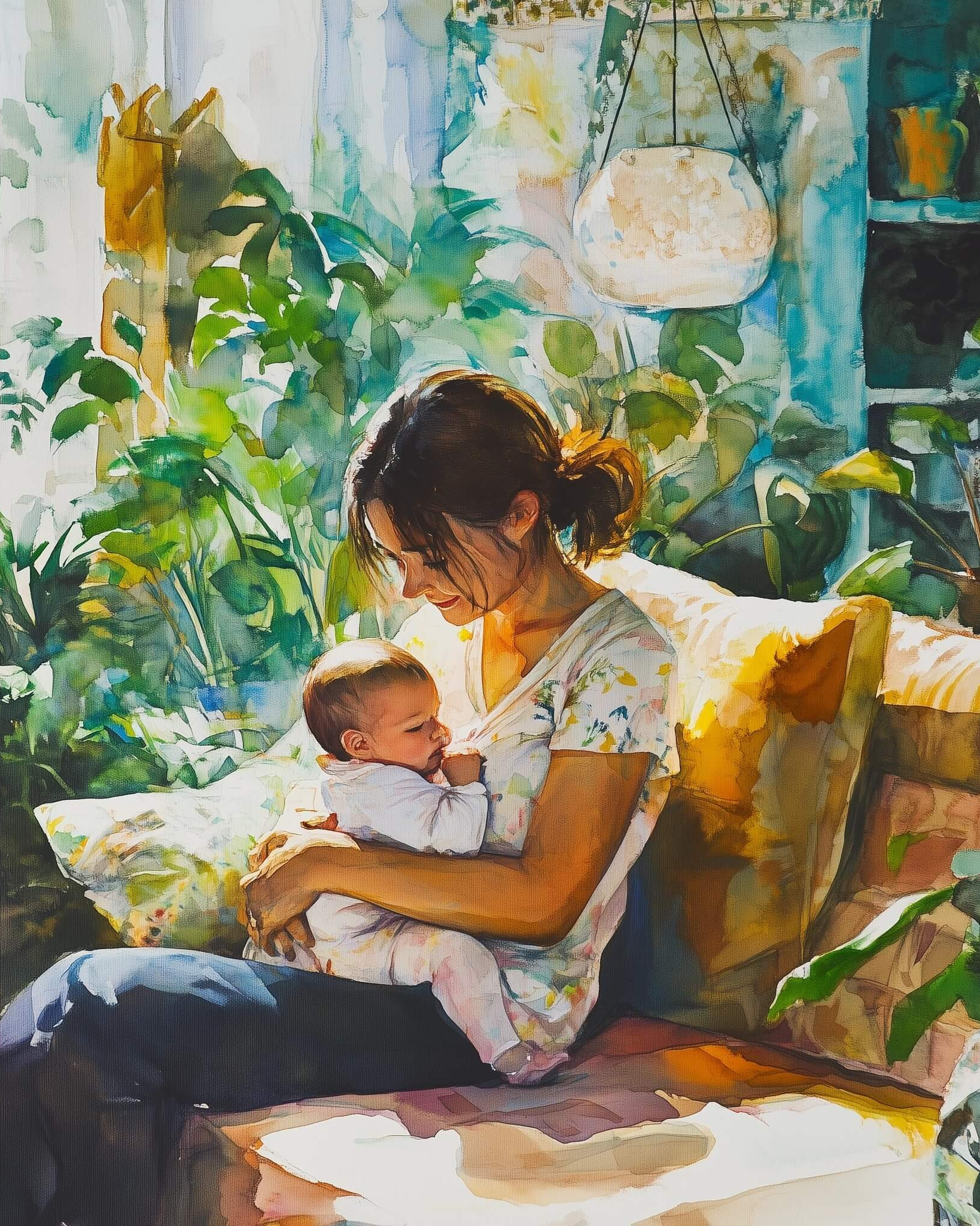 Eine junge Mutter sitzt auf der Couch im Wohnzimmer. In ihren Armen ein kleines Baby.