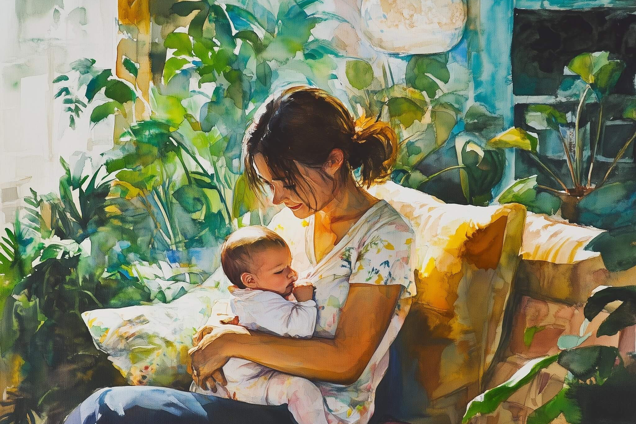 Eine junge Mutter sitzt auf der Couch im Wohnzimmer. In ihren Armen ein kleines Baby.