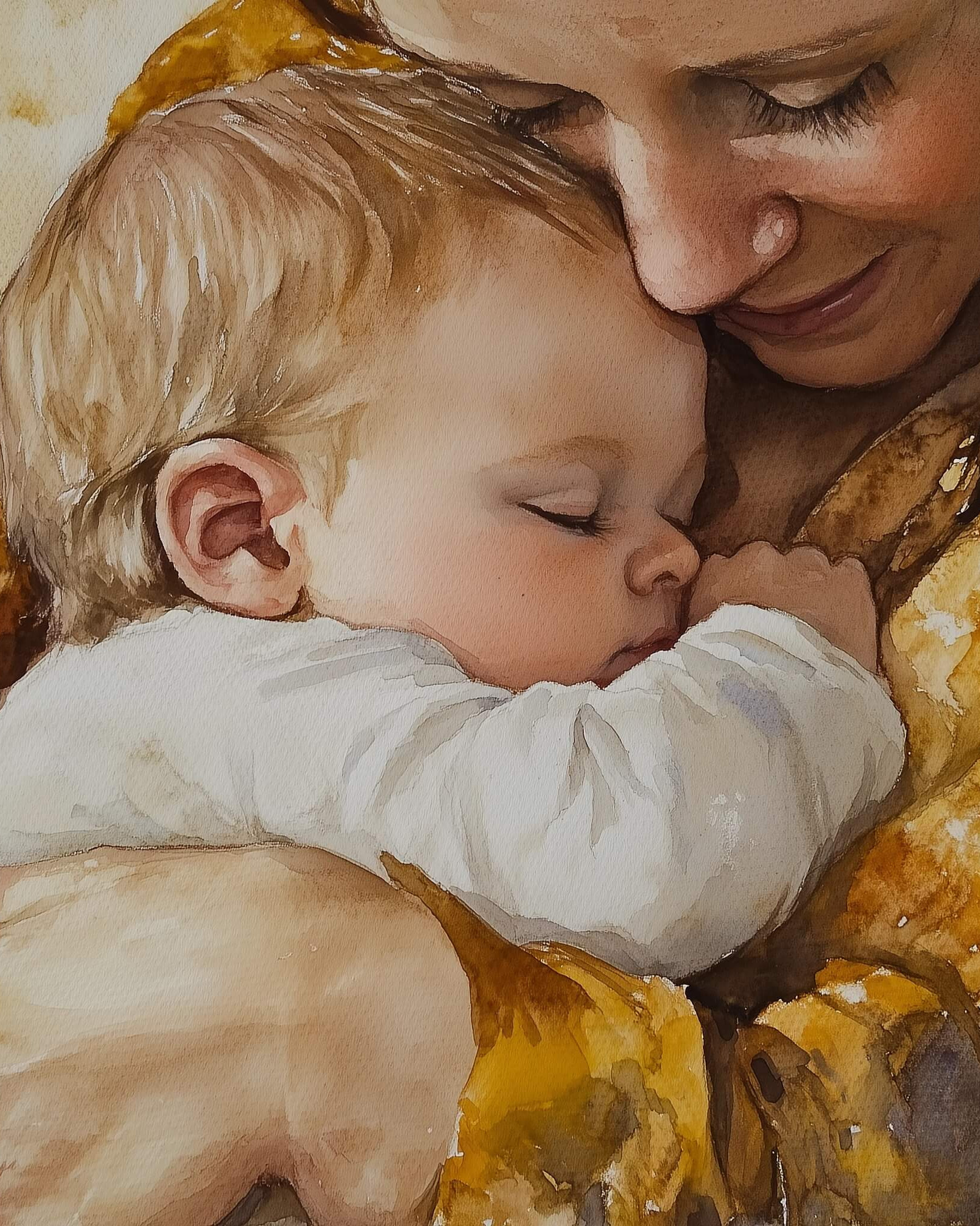 Eine Mutter, die ihr schlafendes Kind in den Armen hält.