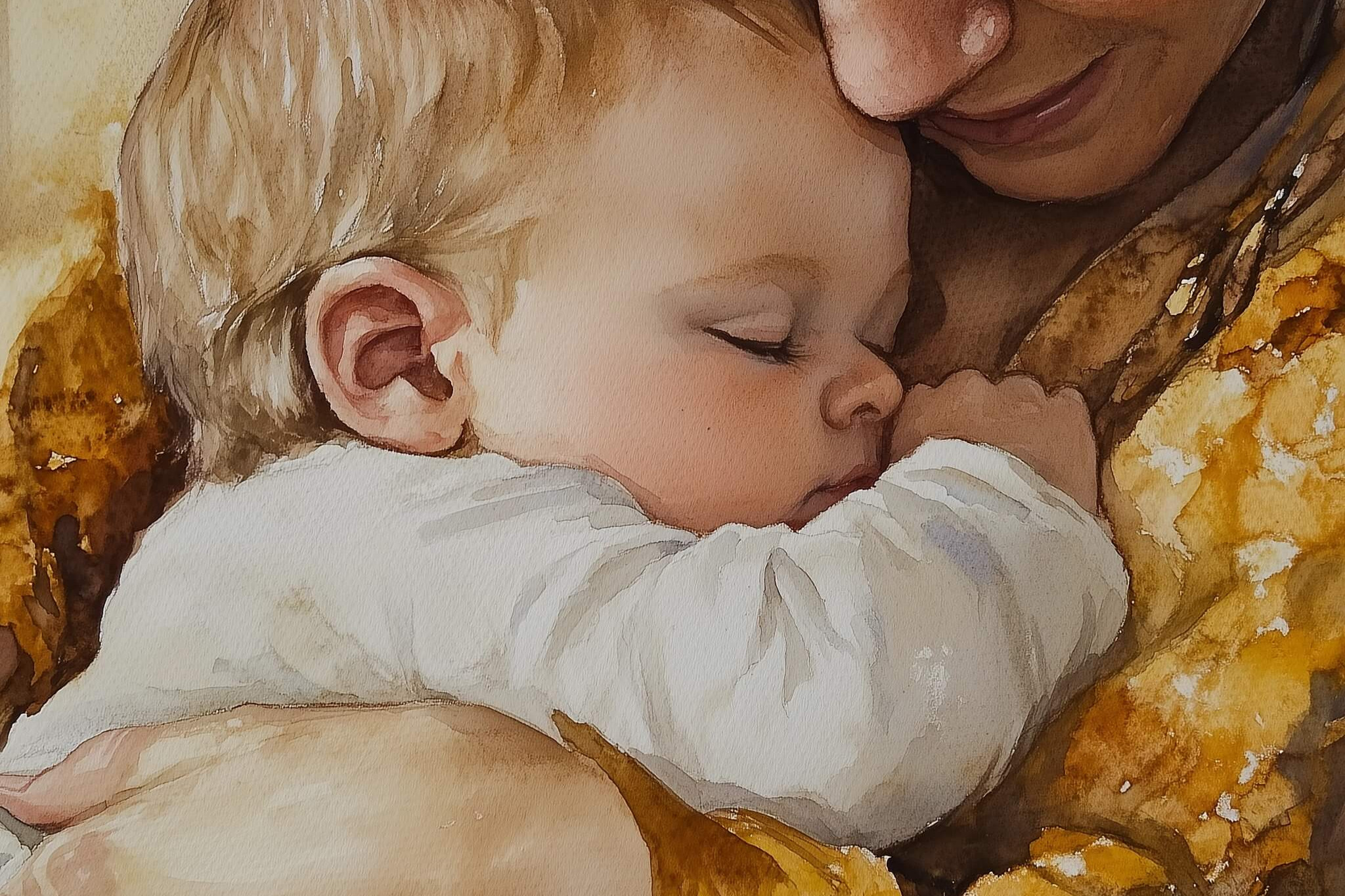 Eine Mutter, die ihr schlafendes Kind in den Armen hält.