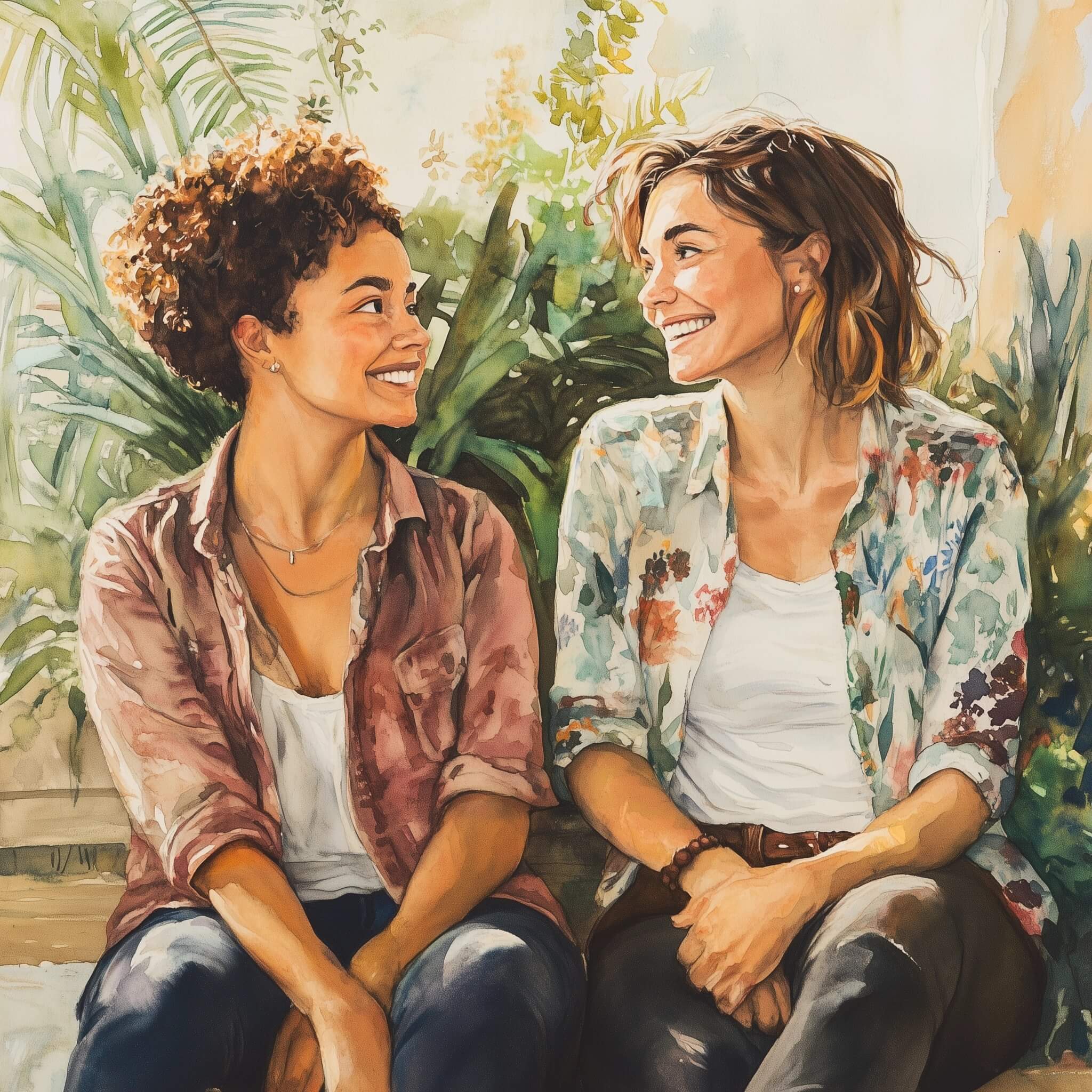 Zwei Frauen sitzen entspannt auf einer Eckbank und lächeln sich freundlich zu.