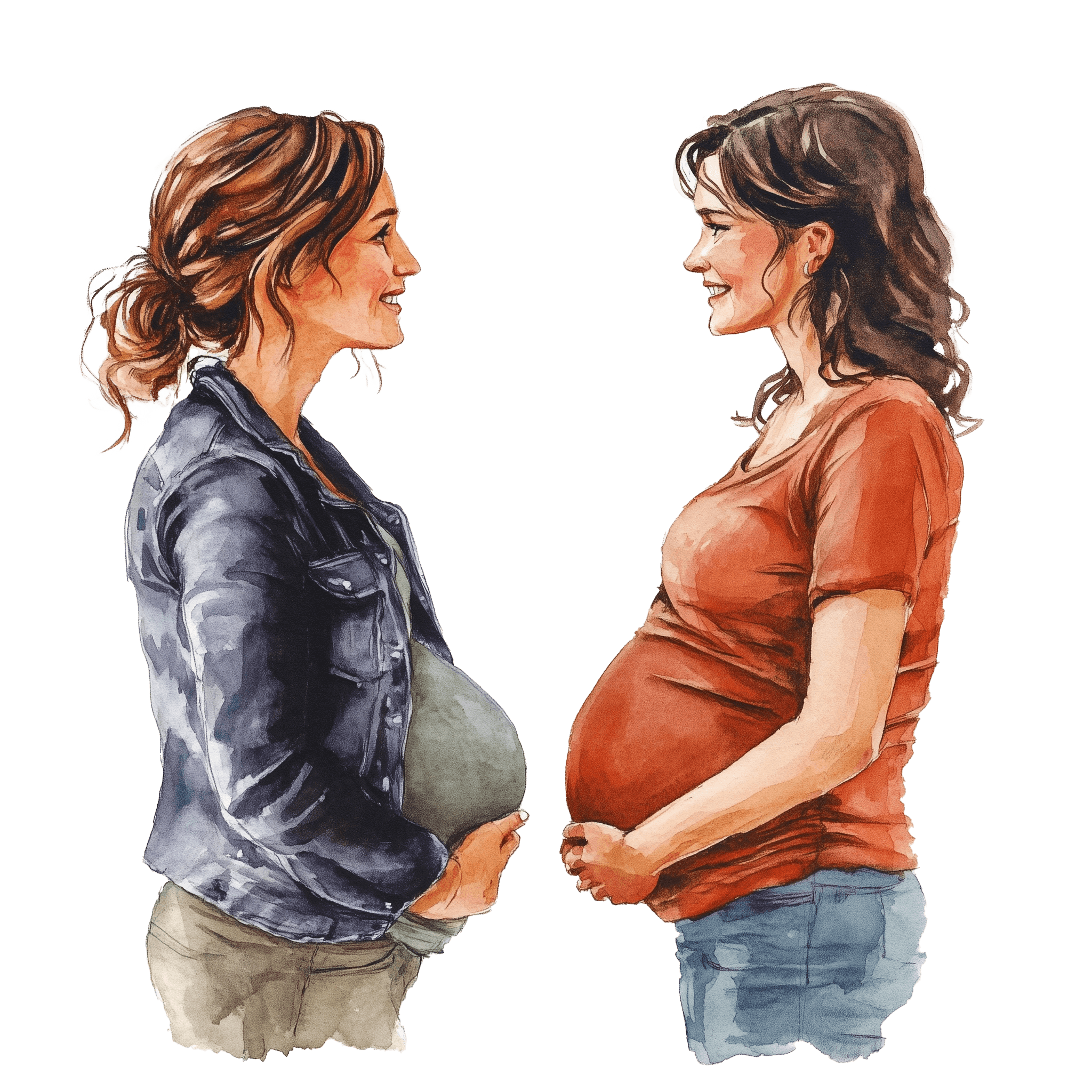 Zwei schwangere Frauen stehen sich gegenüber und unterhalten sich lächelnd.